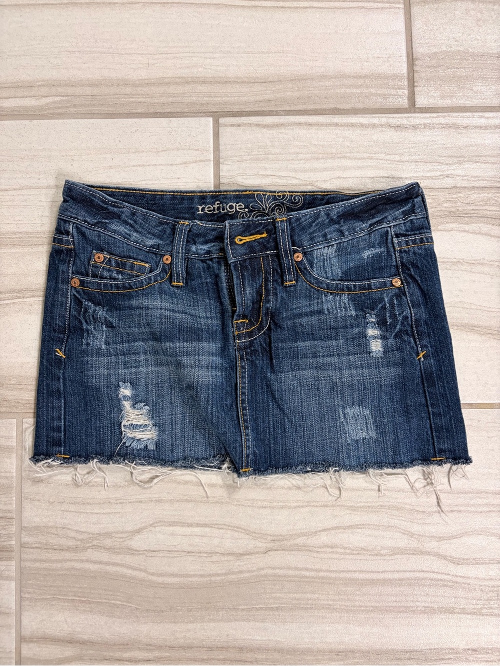 refuge Distressed Blue Denim Mini Skirt with Frayed Hem
